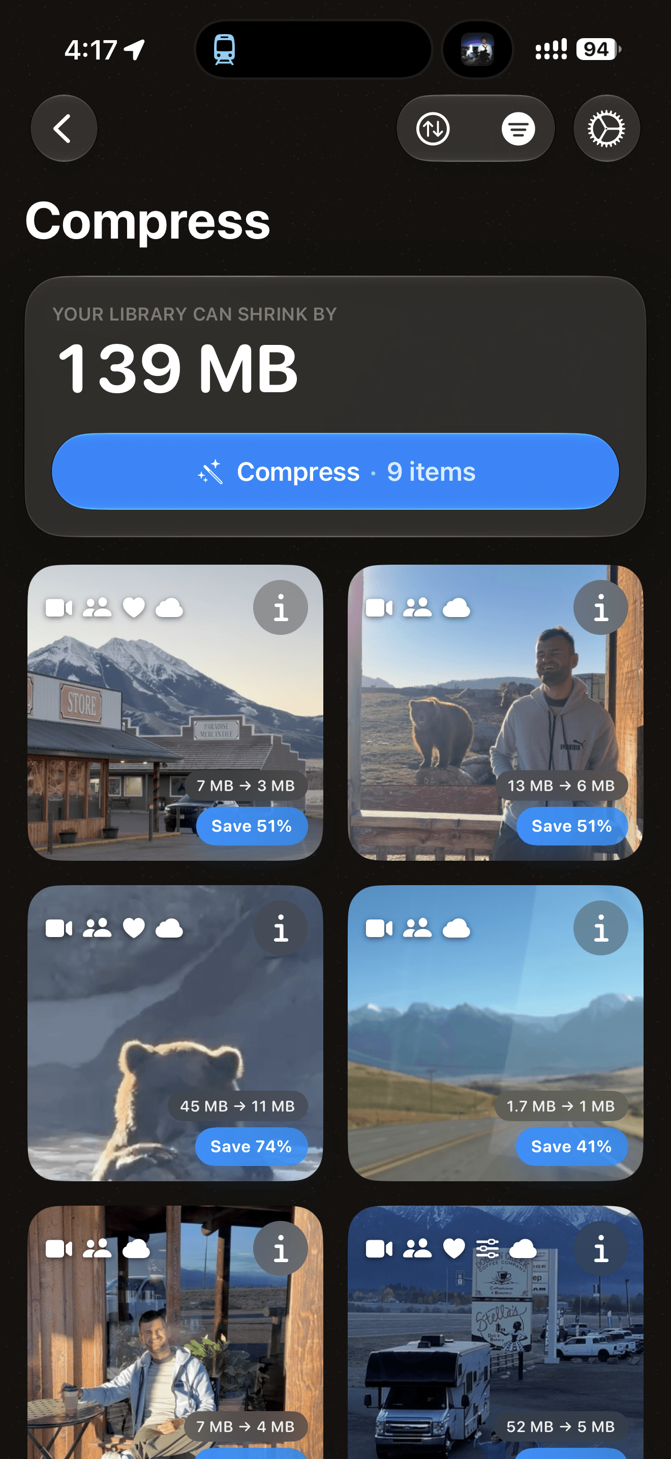 Compress — a library grid with per-item file sizes and estimated savings.