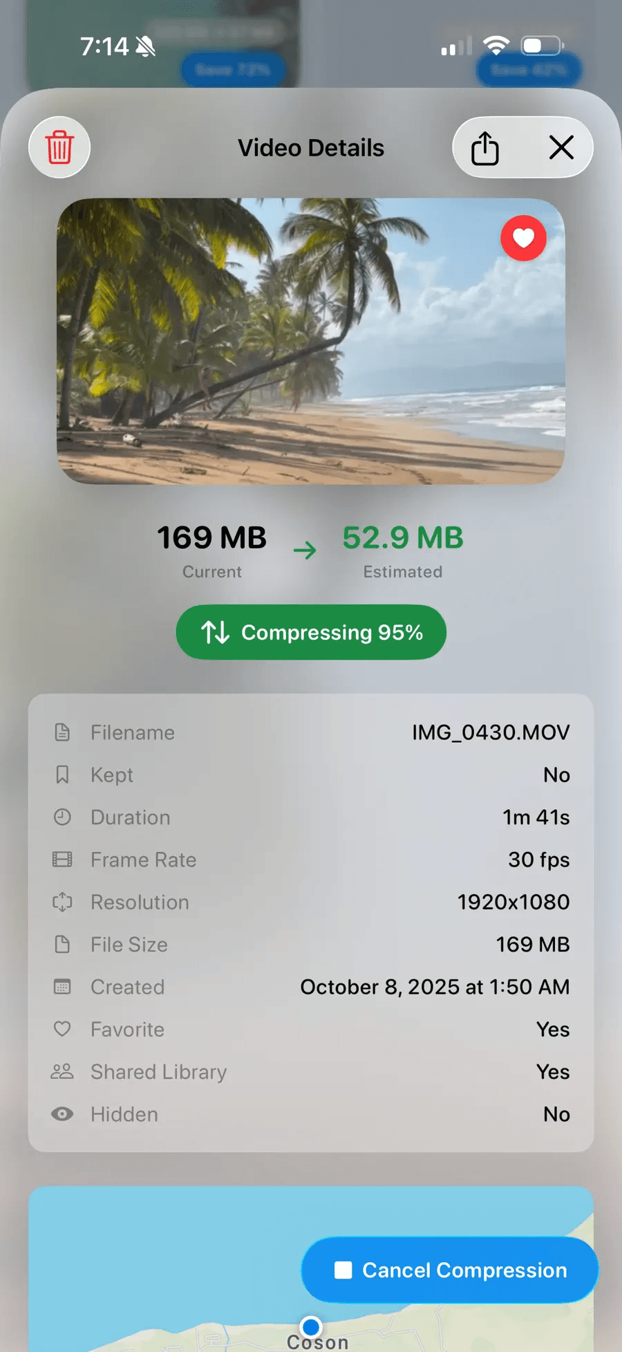 A single video mid-compression, 169 MB heading to 52.9 MB.