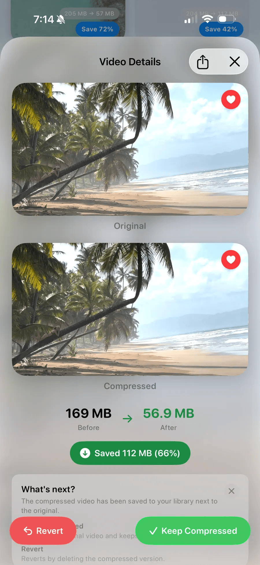 Original and compressed video side by side before committing.