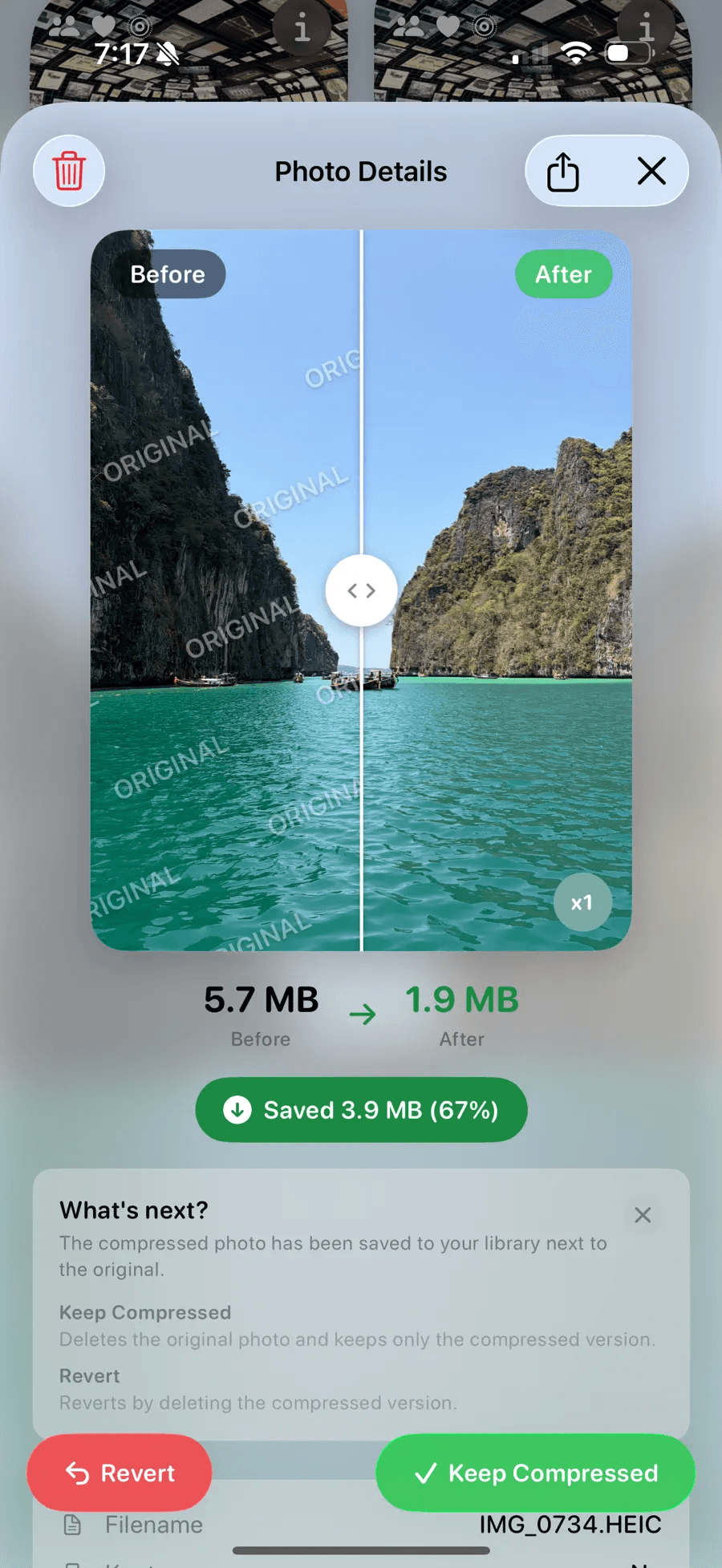Photo before/after slider — 5.7 MB to 1.9 MB, 67% saved.
