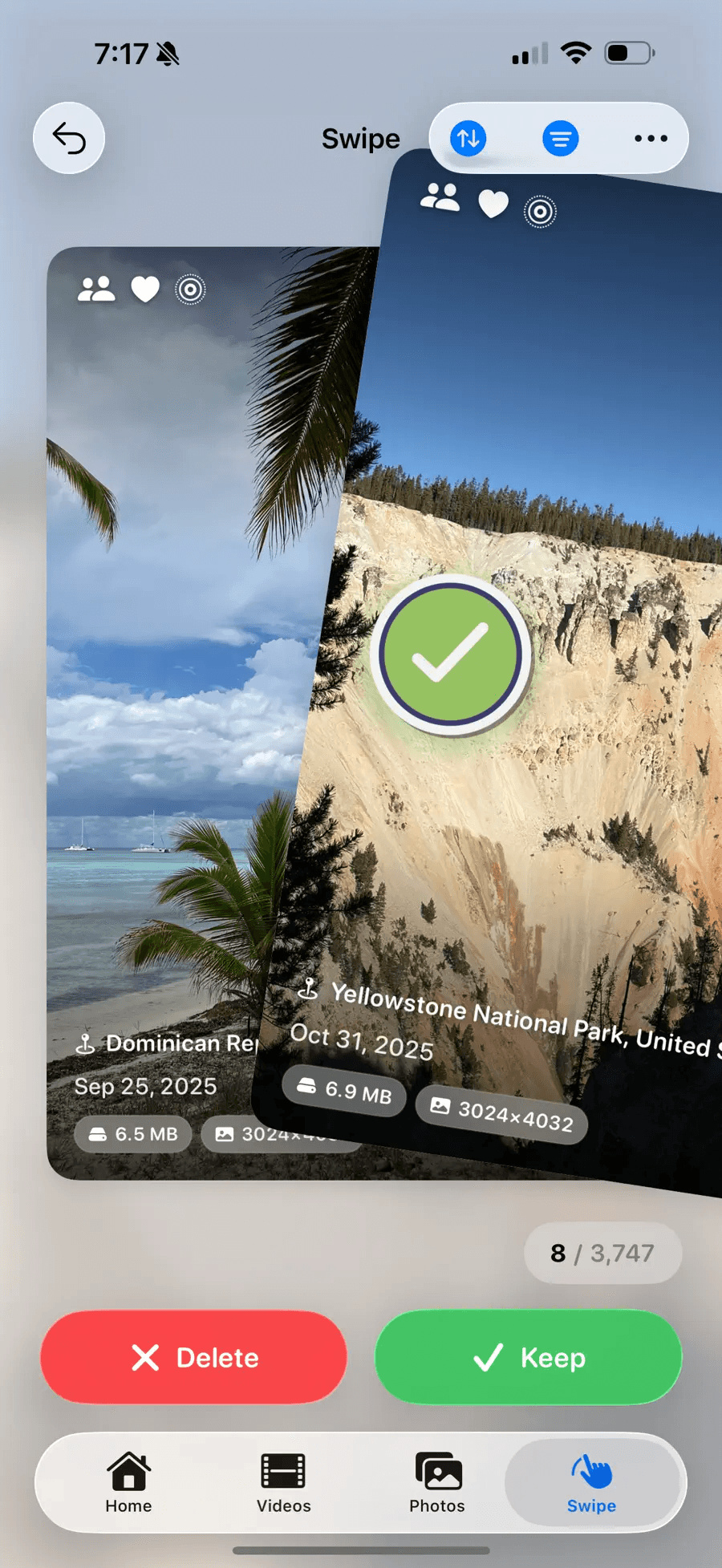 Swipe left to delete, right to keep, through library clutter.