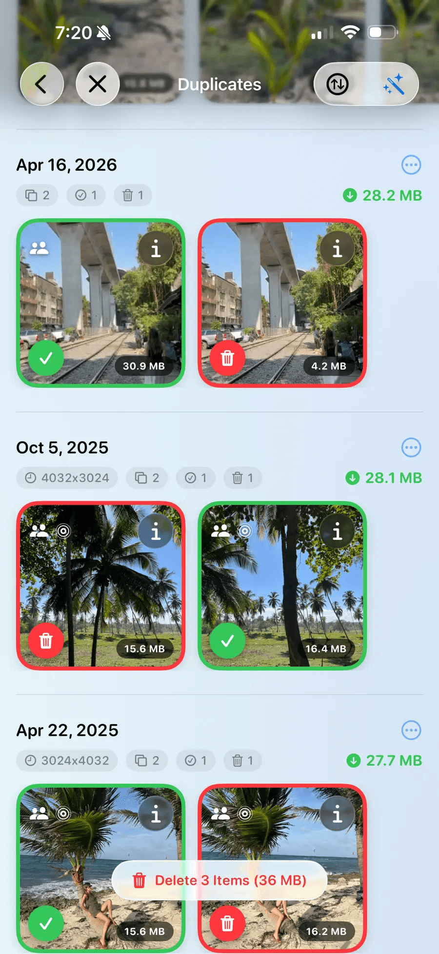 Duplicates grouped by date with the best copy pre-selected.