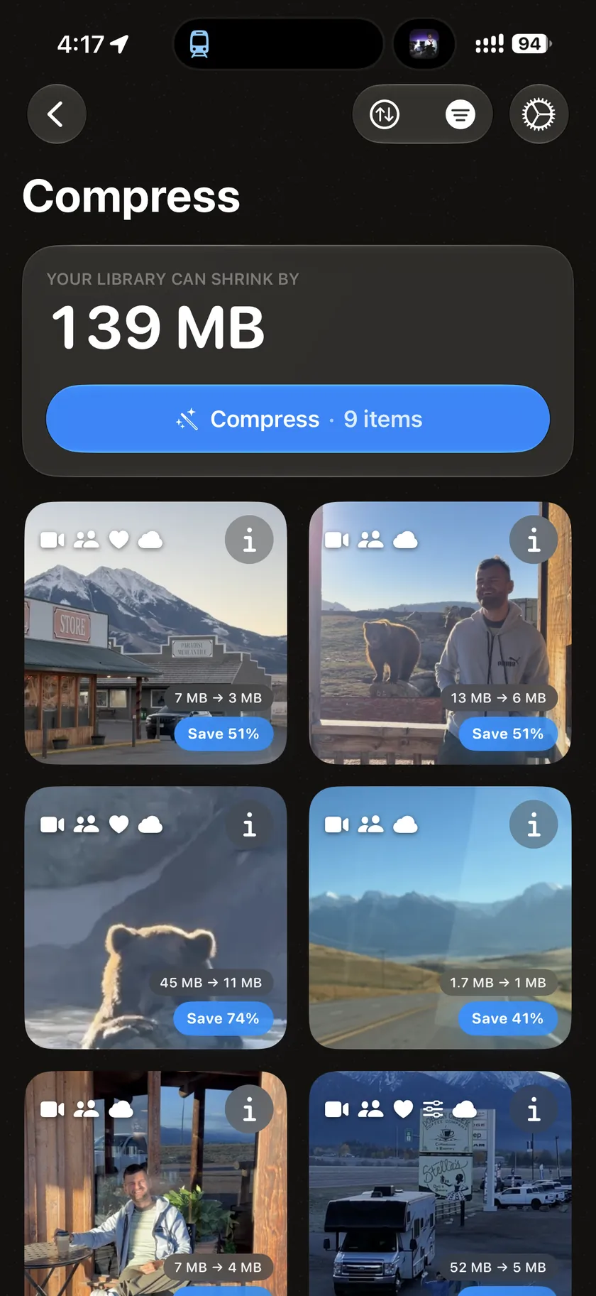 Compress — a library grid with per-item file sizes and estimated savings.