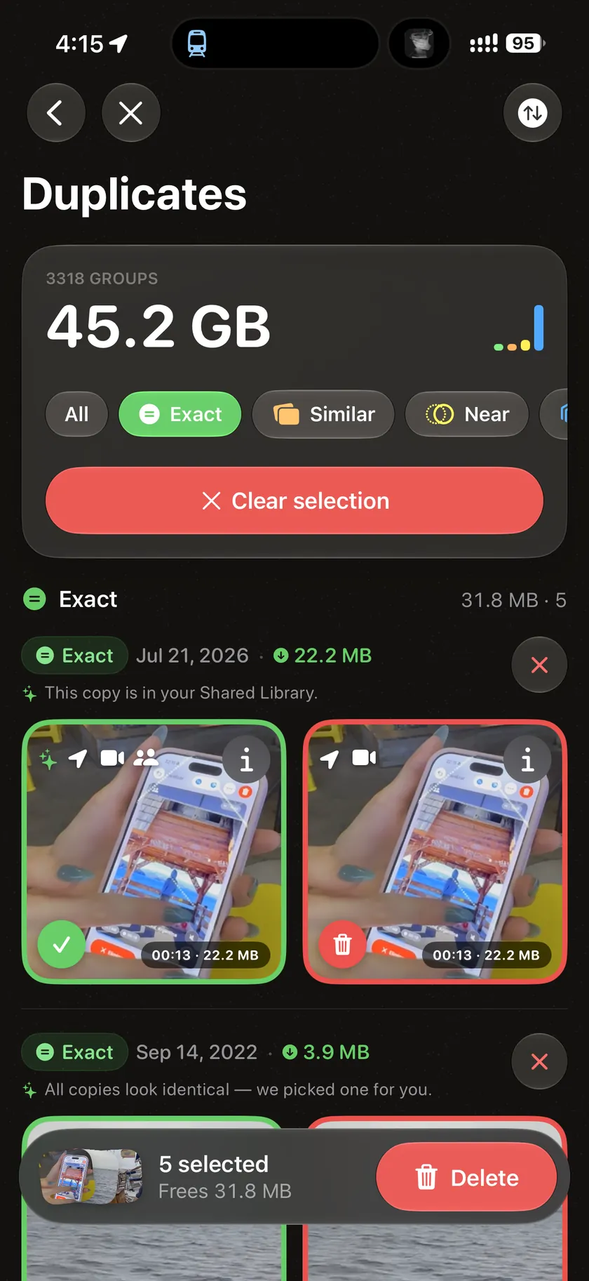 Duplicates — exact, similar, and near matches, with keeper and deletion choices.