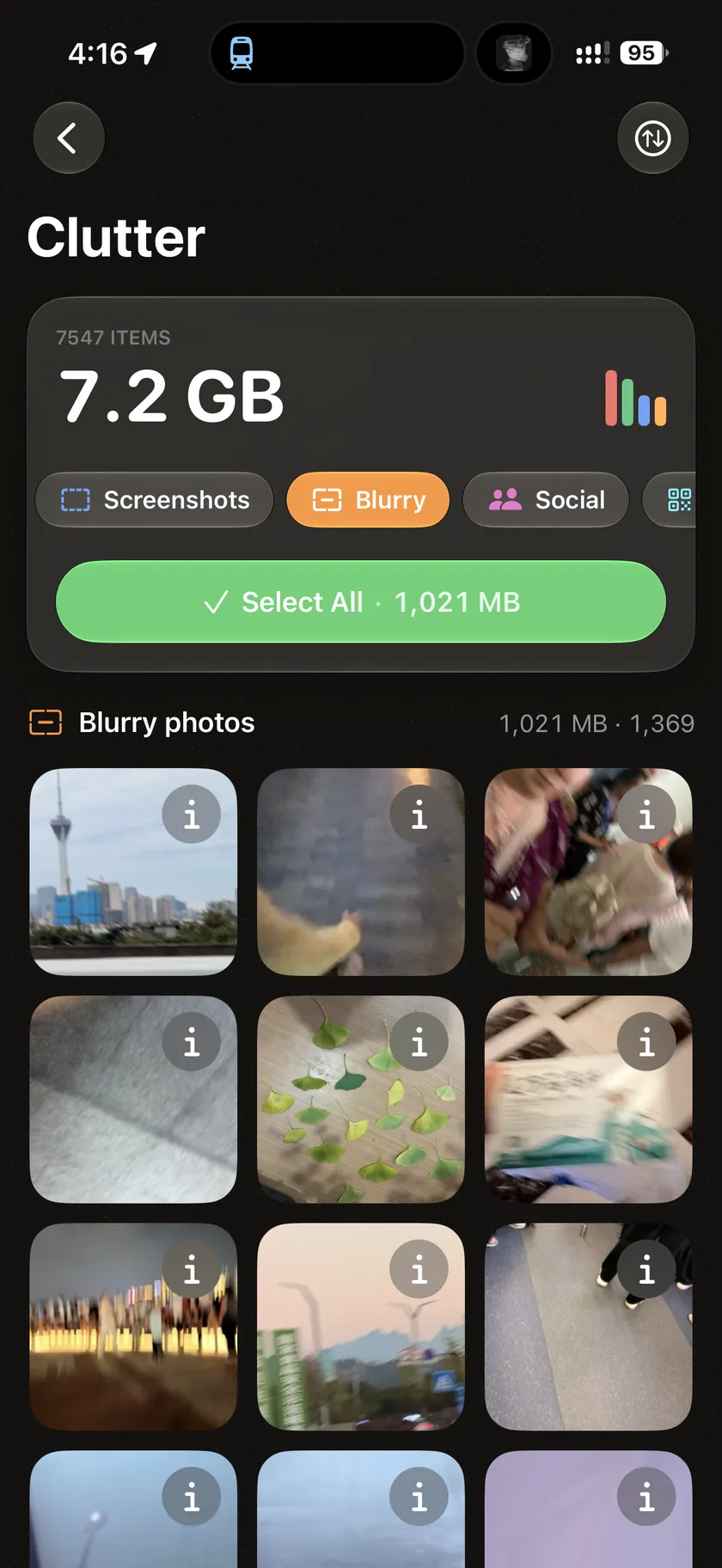Clutter — review blurry photos, screenshots, and social downloads.